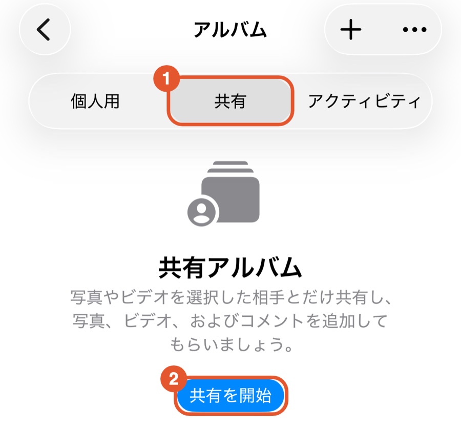 「写真」アプリのアルバムの画面。個人用・共有・アクティビティの切り替えと、「共有を開始」のボタンがある